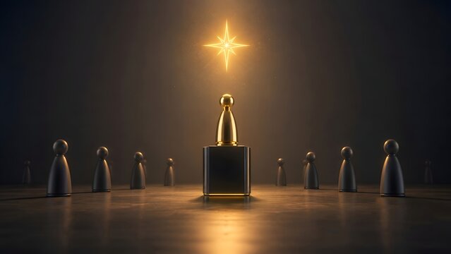 Golden peg figure standing in a spotlight with a bright shining star above, surrounded by figures in the shadows, representing exceptional talent, leadership, and recognition.