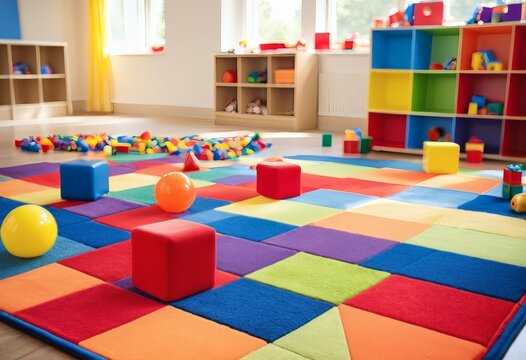 Bright kindergarten classroom with colorful rug and toys, back to school banner with copy space