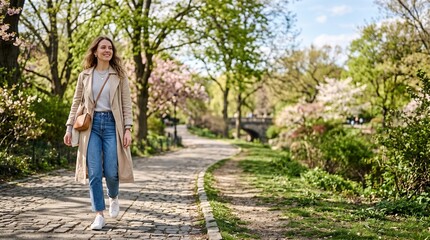 Fototapeta premium Woman walking on cobblestone path in park during spring with blooming cherry trees and lush greenery