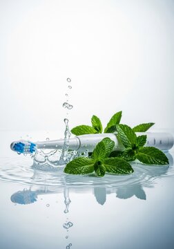 Sleek white toothbrush rests near vibrant mint leaves and crystal clear water splashes on a reflective surface against a bright background, toothbrush, transparent, still life