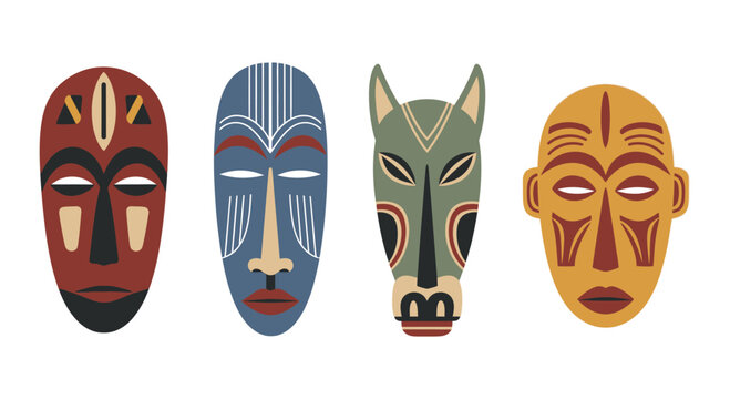 Set of Four African Tribal Masks: Colorful, Decorative, Cultural Art