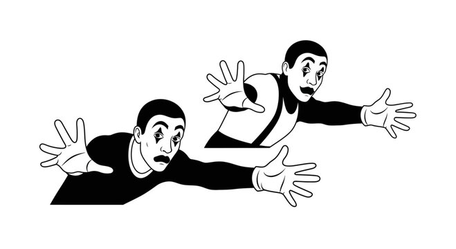 Two Mimes Reaching Out, Black and White, Expressive Gestures, Performance Art
