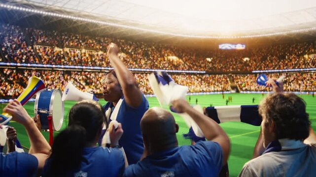 Enthusiastic woman in soccer stadium screaming in megaphone, encouraging players, showing female fan leader galvanizing large crowd in sports venue during match day for fan culture content.