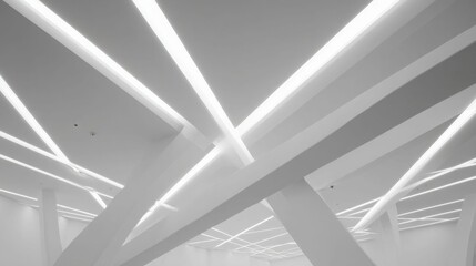 Fototapeta premium Abstract Geometric Illuminated Lines Forming Intersecting Patterns on a Modern Architectural Ceiling