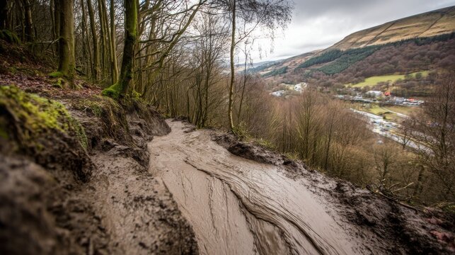 Thick viscous mudflow stream with earthy texture flowing downhill through a forest landscape under a cloudy sky