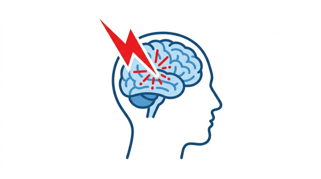 Medical concept of a brain attack or stroke, featuring a human head silhouette, brain, and lightning symbol. Minimalist vector illustration for healthcare