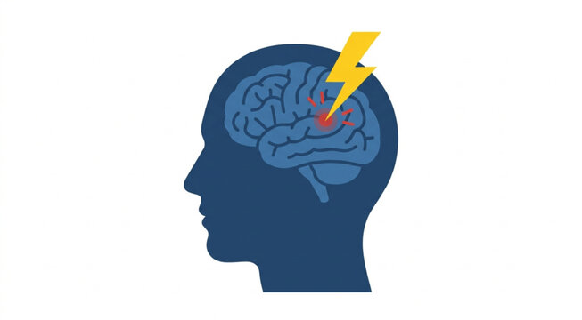 Medical concept of a brain attack or stroke, featuring a human head silhouette, brain, and lightning symbol. Minimalist vector illustration for healthcare