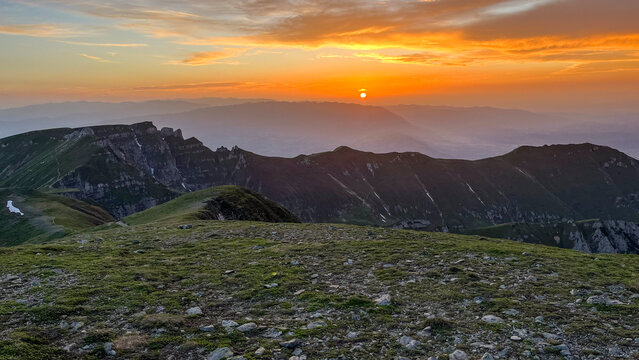 sunset in the mountains, view from Omu Peak to Tiganesti Mountain, Bucegi Mountains, Romania 
