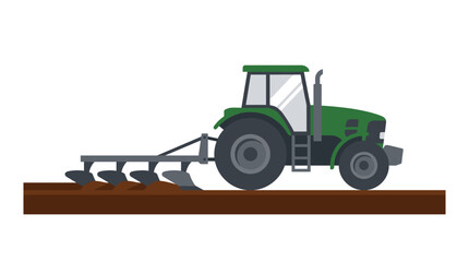Fototapeta premium Green tractor plowing a field with a multi-furrow plow in a flat design style