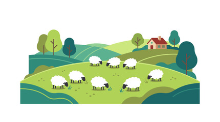 Obraz premium Stylized illustration of a peaceful countryside scene with fluffy white sheep grazing on green rolling hills near a small red house and trees