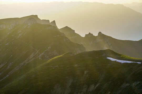 mountain landscape with fog, Tiganesti Ridge, Bucegi Mountains, Romania 