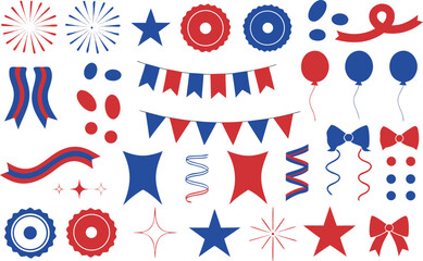 Obraz premium Red and blue patriotic party decoration elements set isolated on transparent background, Vector