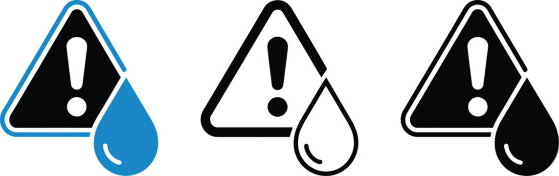 Water hazard warning icon collection illustration set, generic contamination flood alert and environmental safety graphics.