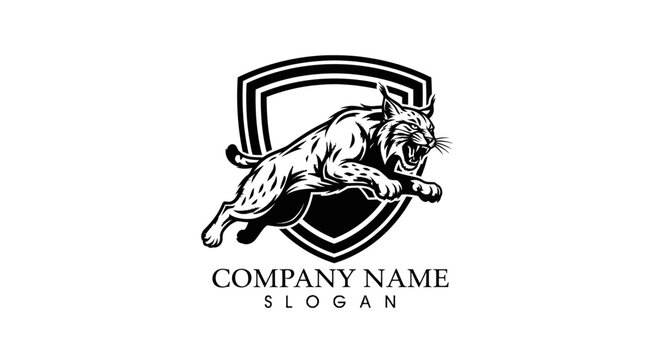 Aggressive Lynx or Bobcat Mascot on Shield, Wild Animal Emblem
