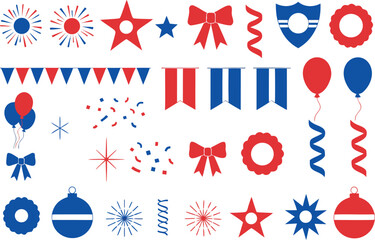 Obraz premium Red and blue celebration party icons and decorations set isolated on transparent background, Vector