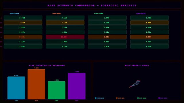 Quantitative risk assessment displayed on a glowing digital interface featuring dynamic bar charts and radar mapping in a dark environment with vibrant neon financial data overlays