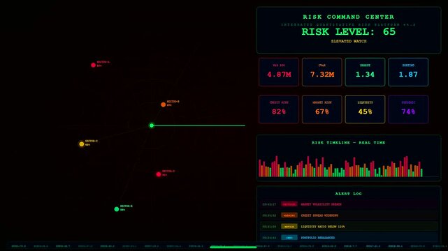 A digital screen interface displays a quantitative risk assessment dashboard showing three monitoring phases with moving circular nodes and changing numerical data values on dark background