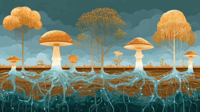 Mushrooms grow above ground while roots connect below, representing a network linking different plants and organisms in nature.