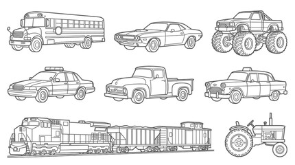 Set of Diverse Transportation Vehicles including Cars, Trucks, and Public Transport on Isolated White Background © mangun