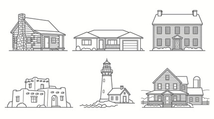 Fototapeta premium Collection of Diverse Architectural House Styles and Residential Buildings on Isolated White Background