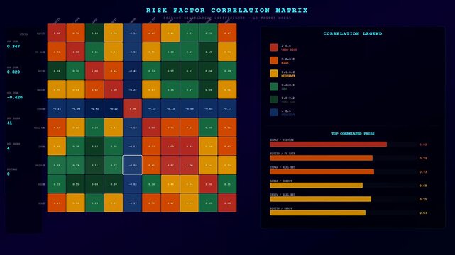 A quantitative risk assessment data visualization displays complex financial correlation metrics and color coded grids for analytical review inside a dark user interface dashboard software