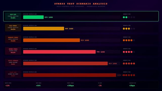a quantitative risk assessment dashboard displays cascading financial stress test scenarios with interactive bars shifting between red and green shades during an extensive data analysis session