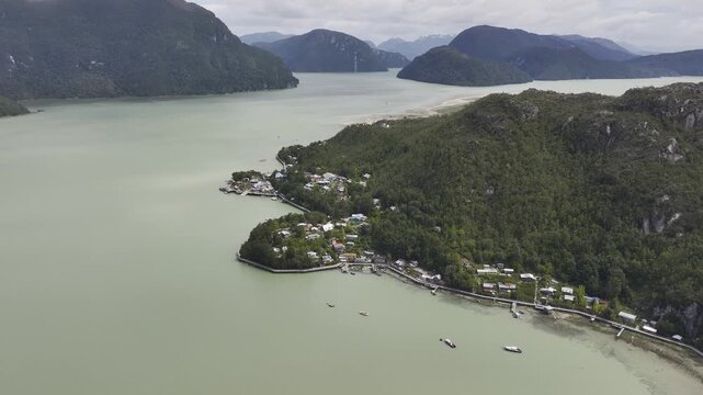 Aerial view of the remote coastal village of Caleta Tortel in Patagonia, Chile