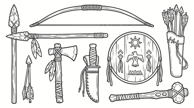 Traditional Native American Hunting and Warrior Tools Collection with Bow, Arrows, Spear, Tomahawk, Knife, and Shield, Isolated White Background.