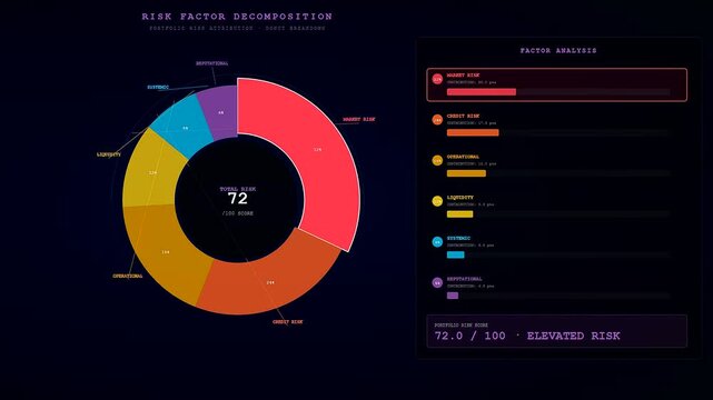 A quantitative risk assessment interface displays colorful circular charts showing financial data analytics and performance metrics for a modern digital dashboard in a dark room environment