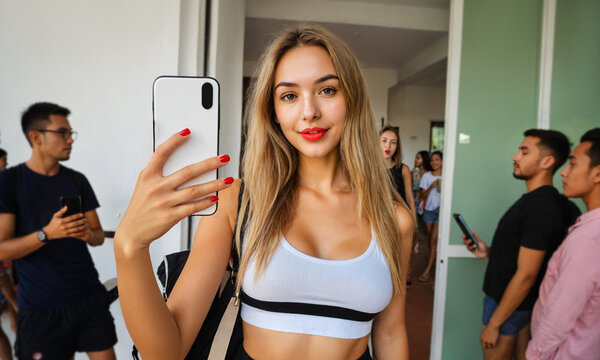 young blonde woman with red nail polish holding up a smartphone in a busy tropical hostel corridor at night