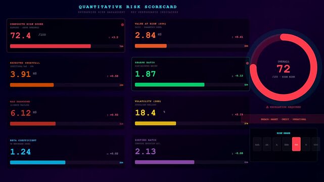 a quantitative risk assessment dashboard is displayed with dynamic changing values and circular progress indicators showing rising financial metric trends on a dark digital screen interface