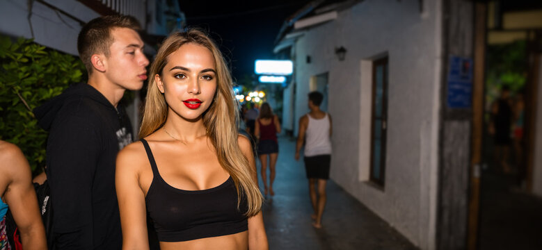 young blonde woman standing close to a young man on a dimly lit tropical street at night