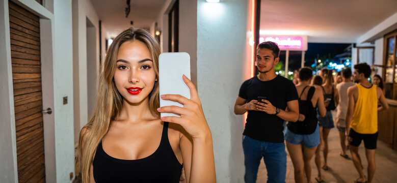 smiling young blonde woman holding up a smartphone on a vibrant tropical street at night while a man checks his own phone