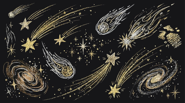 Artistic hand drawn crayon sketch of celestial outer space with luxury gold and silver metallic texture featuring stars galaxy universe and cosmic elements on a dark night sky background