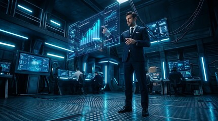 Obraz premium A businessman in a dark suit stands in a futuristic control room, pointing at a glowing holographic display showing financial charts and data. The room is illuminated by blue light.