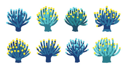 Set of stylized blue and yellow coral reef elements, isolated on white background, vector illustration © Royal