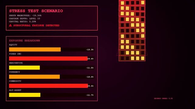 A quantitative risk assessment interface displays complex financial data analytics on a dark monitor screen with flickering warning indicators and descending blocks of red glowing metrics