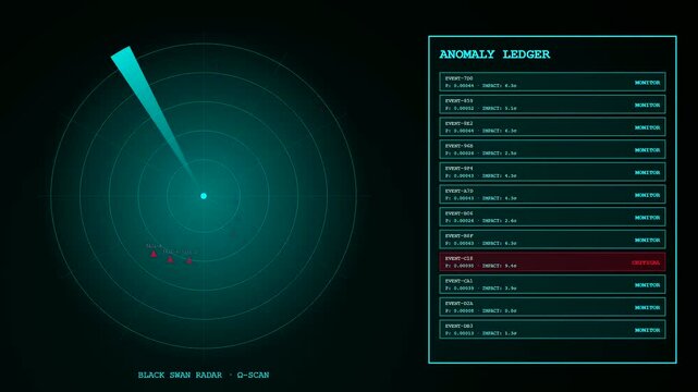 A quantitative risk assessment interface displays circular radar pulses tracking shifting digital anomalies across dark screen panels as data points populate within a scrolling systemic list