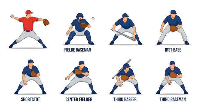 Baseball Player Poses: Pitcher, Catcher, Fielders, Basemen - Pixel Art Icons