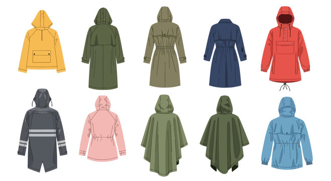 Collection of Hooded Raincoats and Ponchos in Various Colors