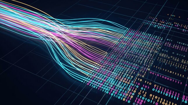 Glowing binary data streams flowing over digital code matrix on dark grid background