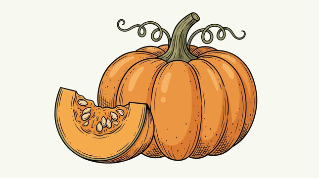 Whimsical Hand Drawn Vector Illustration of a Ripe Orange Autumn Pumpkin Featuring a Carved Slice and Organic Linework for Seasonal Harvest Thanksgiving Decor and Culinary Graphic Design Elements