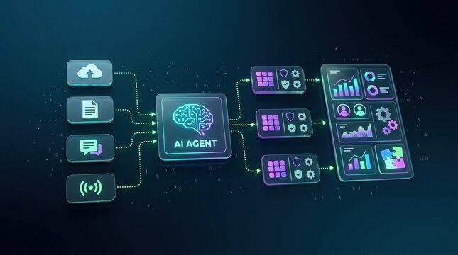 3D illustration of AI agent connecting data sources to analytics dashboard via automated workflow nodes