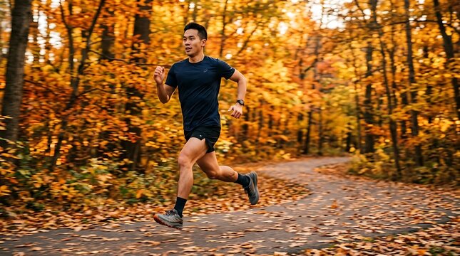 An athletic man runs through an autumn park, surrounded by vibrant fall foliage and fallen leaves, conveying a sense of energy and connection with nature.