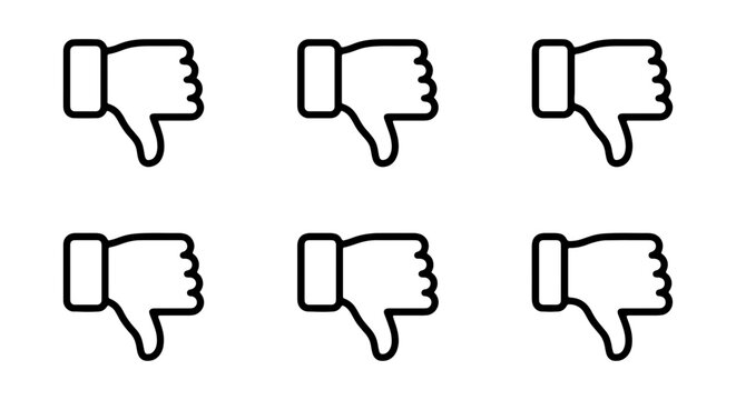 Set of Six Thumbs Down Icons, Negative Feedback Symbols, Disapproval Gestures, Rejection Icons, Vector Graphics