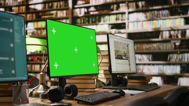 Green screen monitor mockup with multiple interfaces on desktop sitting on wooden library desk with screens, books, headphones and green lamps, screen replacement, for education technology.