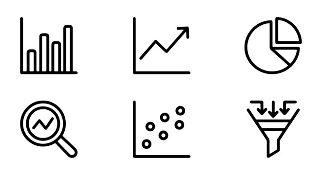 Data Visualization Icons, Business Analytics Symbols, Financial Charts, Research Magnifier, Scatter Plot, Funnel Vector Set