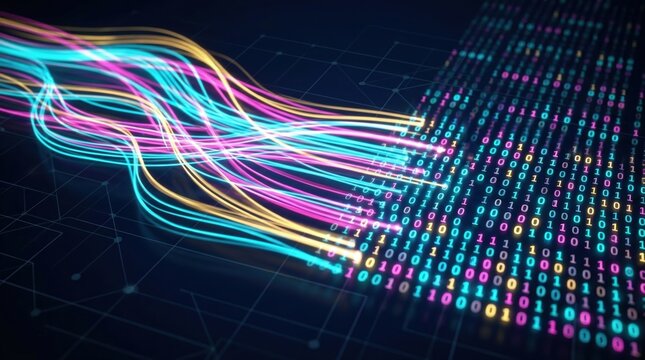 Glowing binary code streams flowing into digital data matrix on dark tech grid