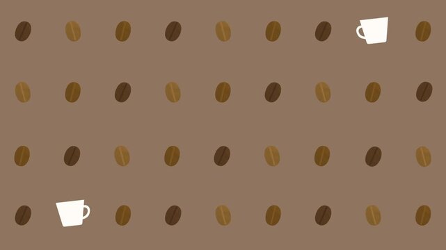 Coffee beans and cup pattern on brown background, seamless motion loop