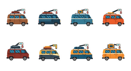Fototapeta premium Pixel Art Camper Van Collection: Retro Van Icons in Various Colors with Roof Racks